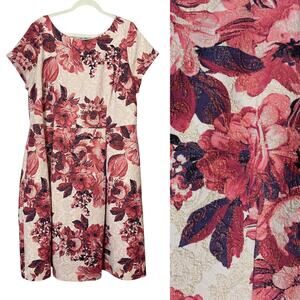 ADRIANNA PAPELL DRESS 20W COCKTAIL FLORAL JACQUARD EVENING GOLD RED NUDE SHORT
